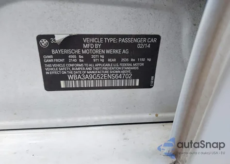 2014 BMW 335I z USA, uszkodzony, nr VIN WBA3A9G52ENS64702